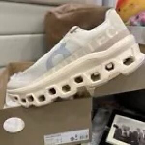 On Cloud Cloudmonsters in colors moon and fawn, size 9.